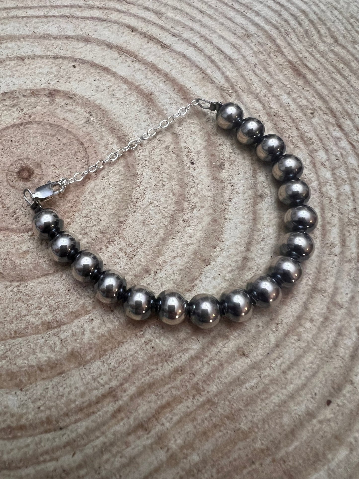 Sterling Silver Pearl Bracelet – Available in All Sizes (3, 4, 5 or 6 mm) Cowhide and Conchos