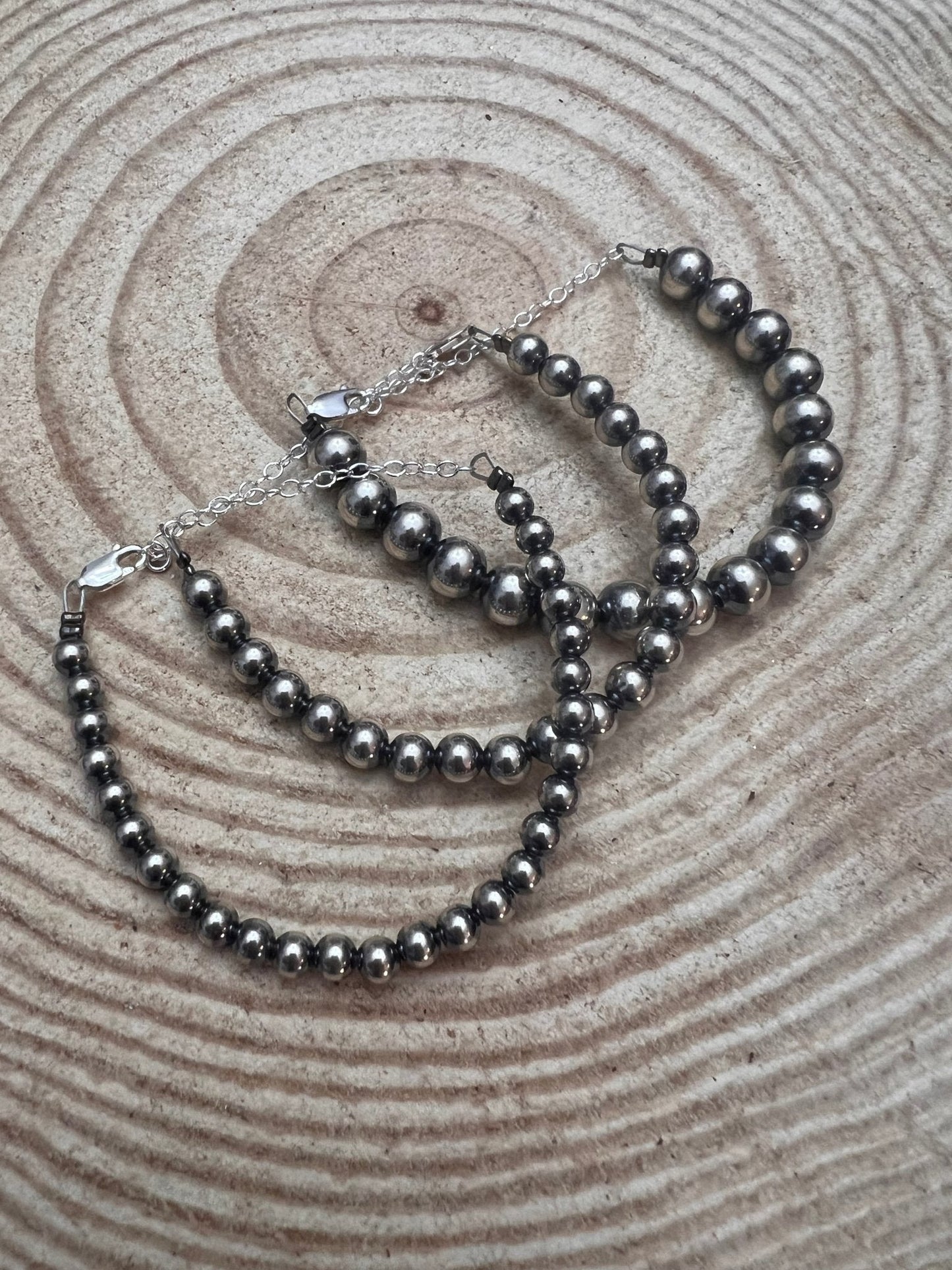 Sterling Silver Pearl Bracelet – Available in All Sizes (3, 4, 5 or 6 mm) Cowhide and Conchos