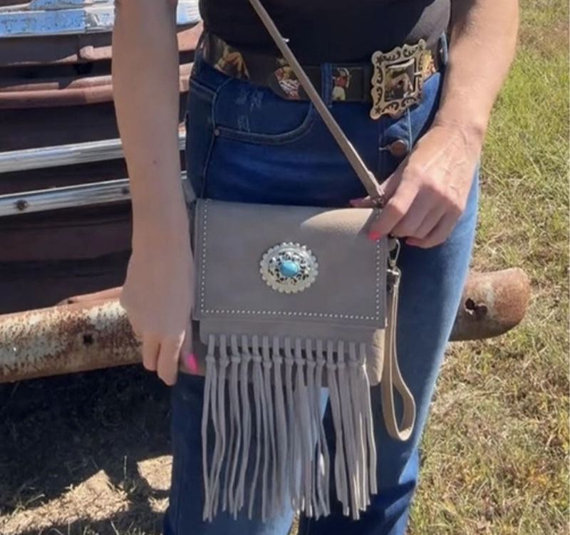 Genuine Leather Fringe Crossbody with Silver and Turquoise Concho Handbag Cedar Hill Country Market