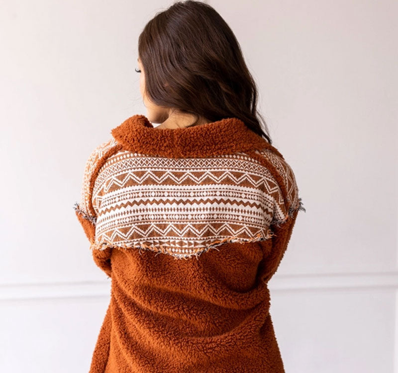 Tan Sherpa Sweater with Aztec Details CedarHill Country Market