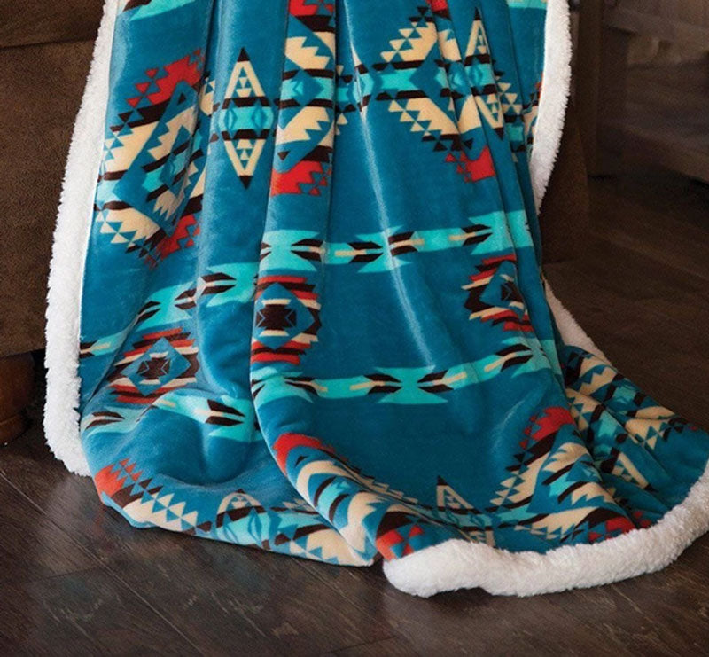 Southwestern Aztec Turquoise Plush Fur Sherpa Borrego Fleece Throw Blanket Cedar Hill Country Market