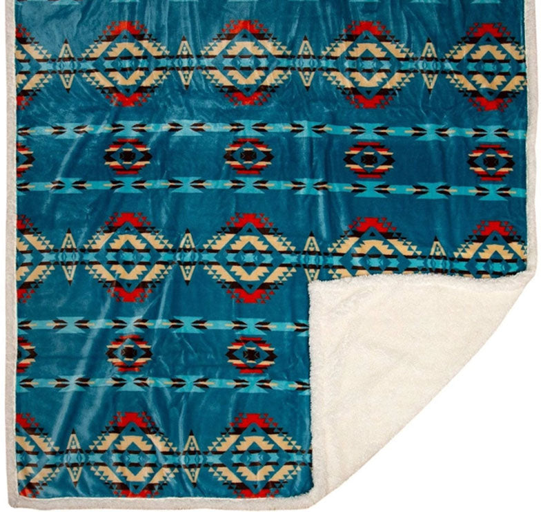 Southwestern Aztec Turquoise Plush Fur Sherpa Borrego Fleece Throw Blanket Cedar Hill Country Market