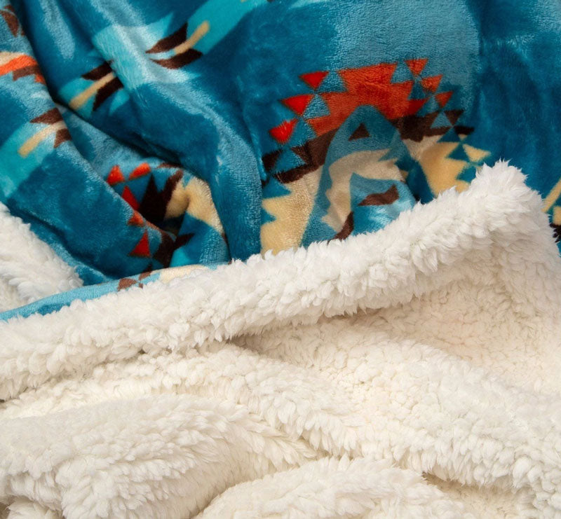 Southwestern Aztec Turquoise Plush Fur Sherpa Borrego Fleece Throw Blanket Cedar Hill Country Market