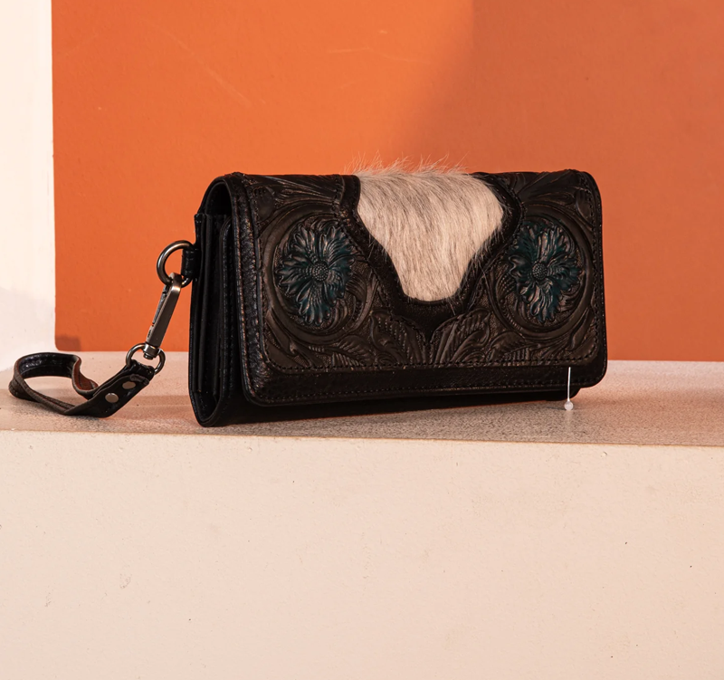 Trinity Ranch Genuine Hair-On Cowhide Tooled Fringe Crossbody Bag with Wallet No 710 Cedar Hill Country Market