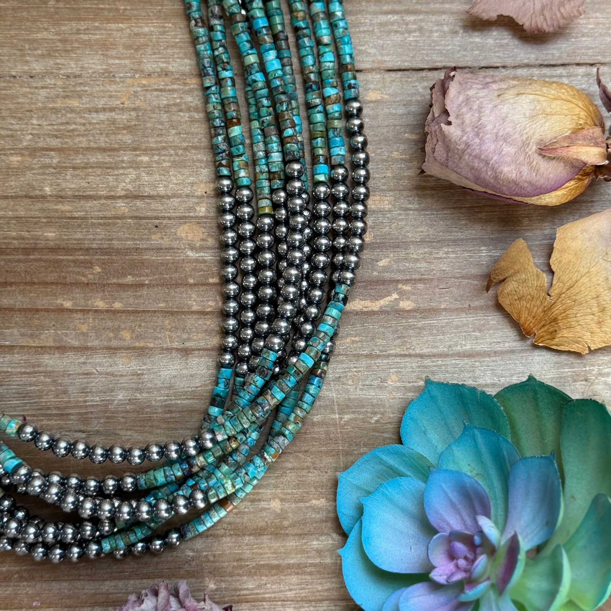 20” Heishi Turquoise Necklace – 4mm Turquoise & 5mm Sterling Silver Pearls The Bijoux FAB Jewelry