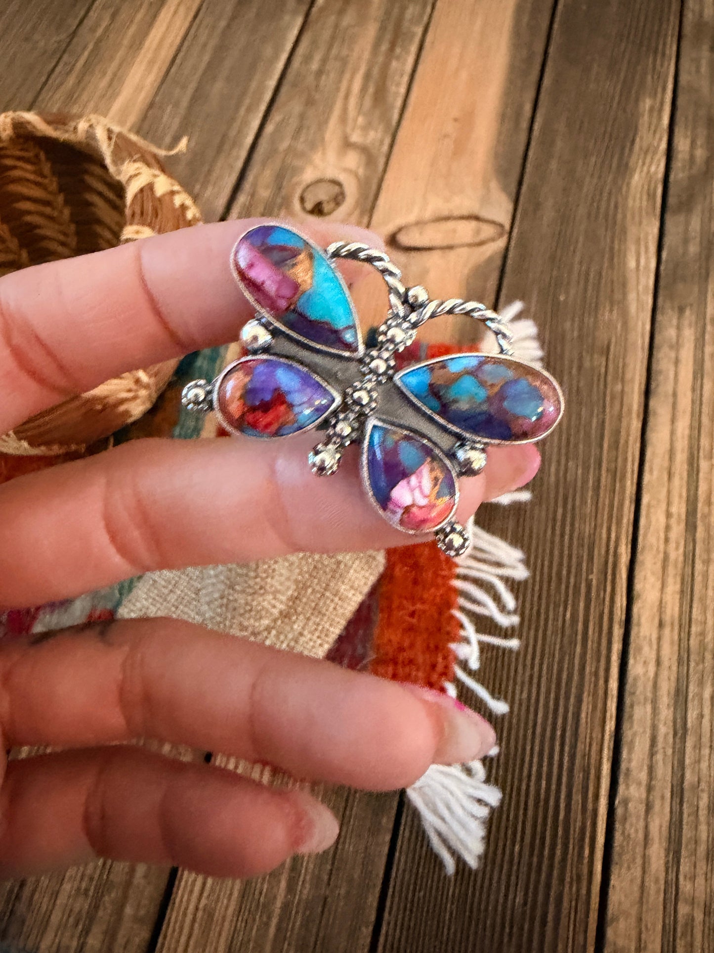 Handcrafted Pink Dream Mojave & Sterling Silver Adjustable Butterfly Ring Nizhoni Traders LLC