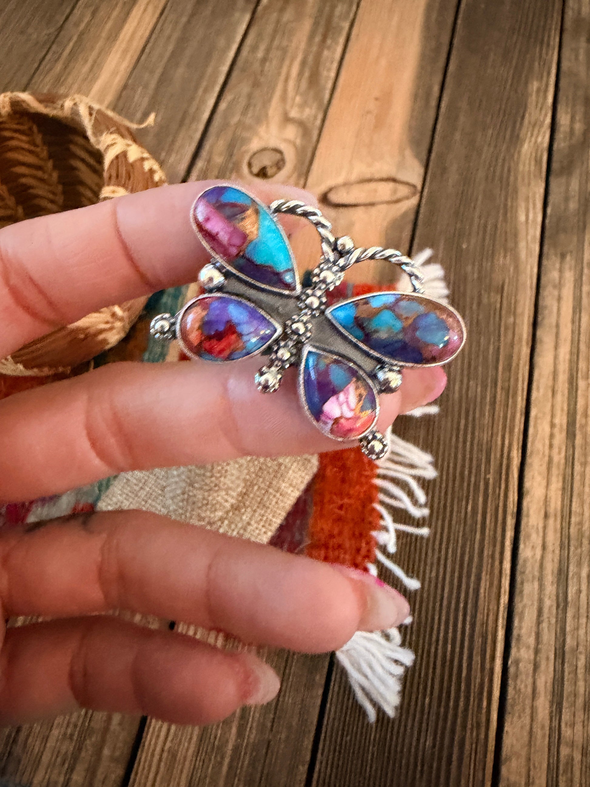 Handcrafted Pink Dream Mojave & Sterling Silver Adjustable Butterfly Ring Nizhoni Traders LLC