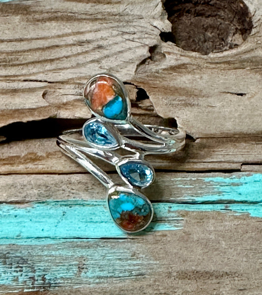 Turquoise, Blue Topaz and Spiny Oyster Sterling Silver Ring Size 7.5 Nizhoni Traders LLC