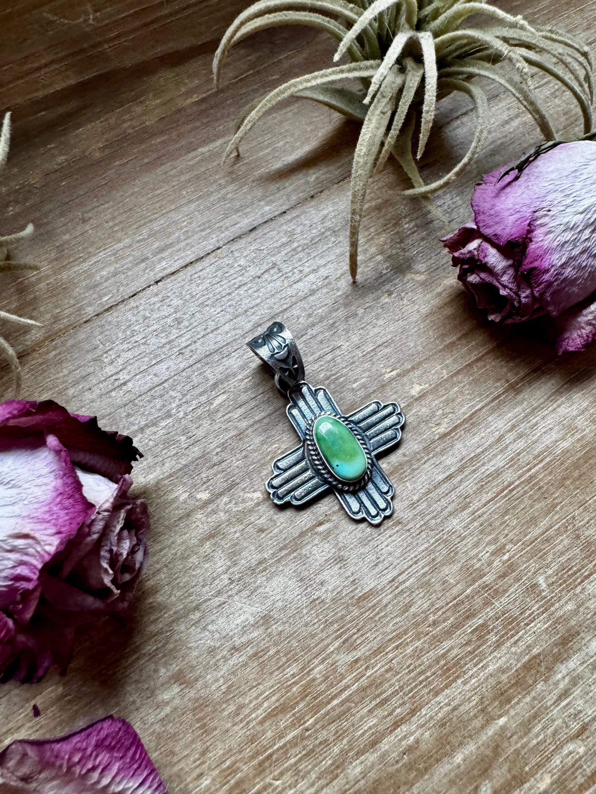 Zia Symbol Pendant with Sonoran Gold Turquoise – Sterling Silver – Native Made by K. Billah – Fits 8mm The Bijoux FAB Jewelry