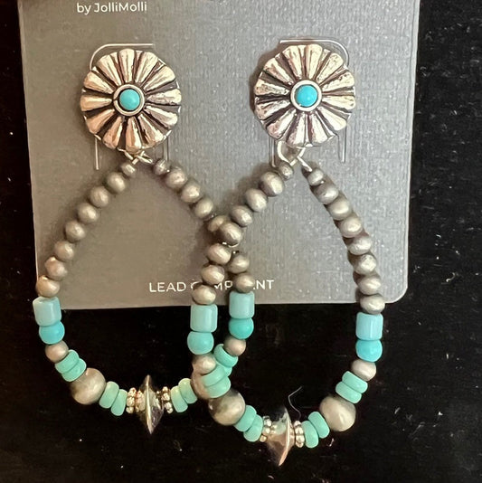 Seed Bead Turquoise & Grey Teardrop Hoop Earrings 1006 CedarHill Country Market