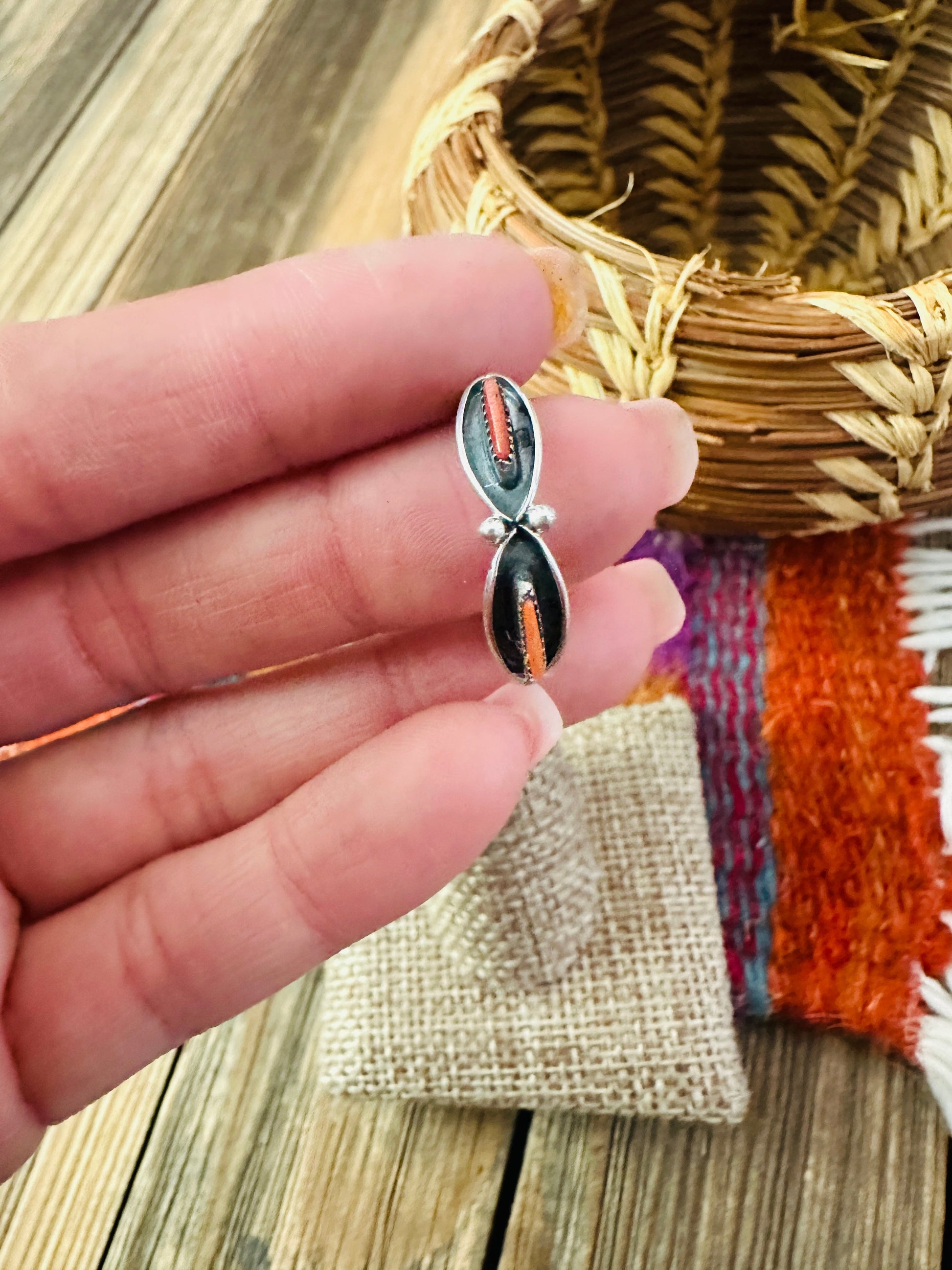 Handcrafted Coral & Sterling Silver Band Ring Size 7.5 Nizhoni Traders LLC