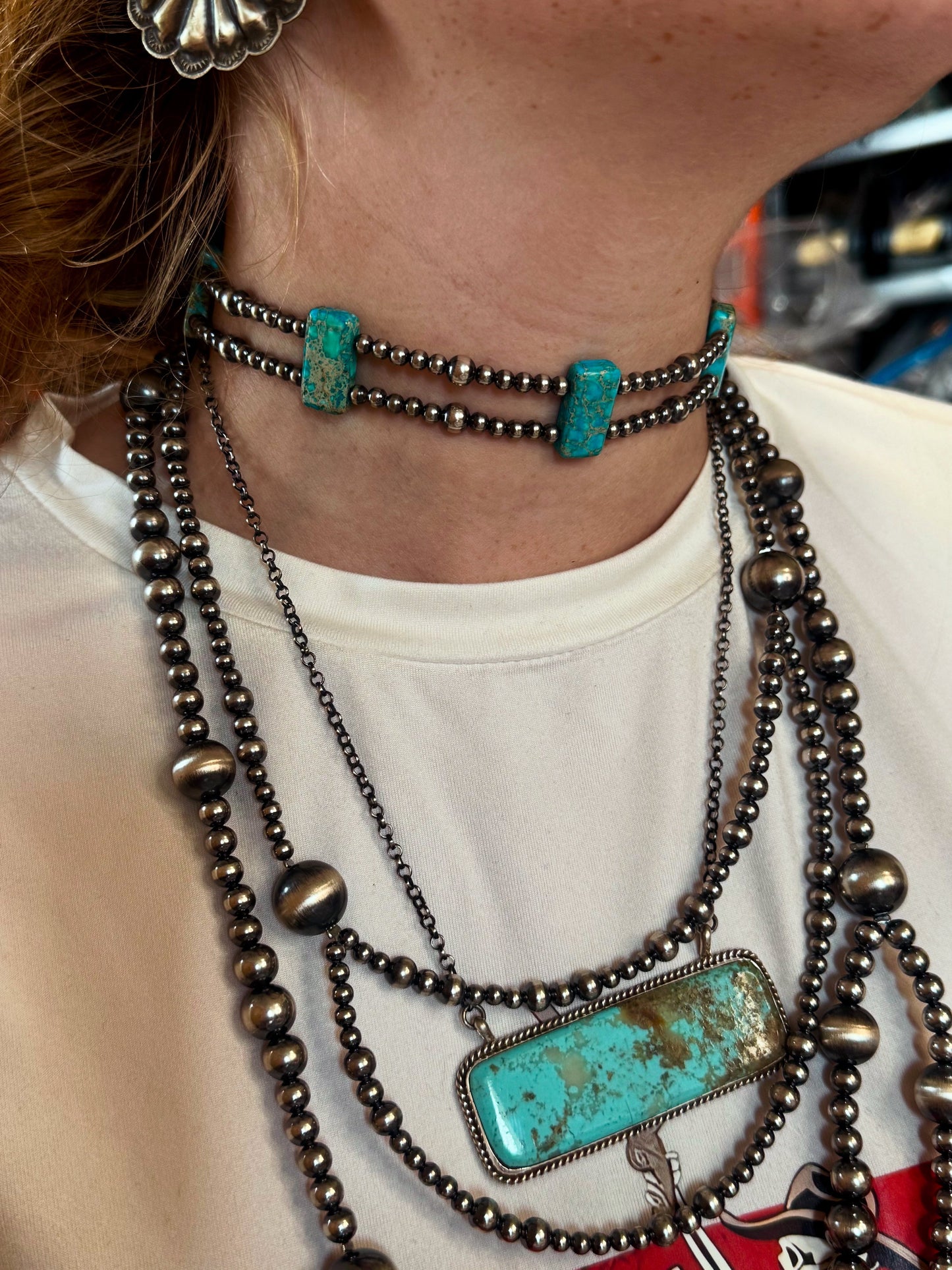 Pink/Navy Double Strand Necklace – 13” Beaded – Sterling Silver Pearls & Rectangle Variscite Turquoise The Bijoux FAB Jewelry