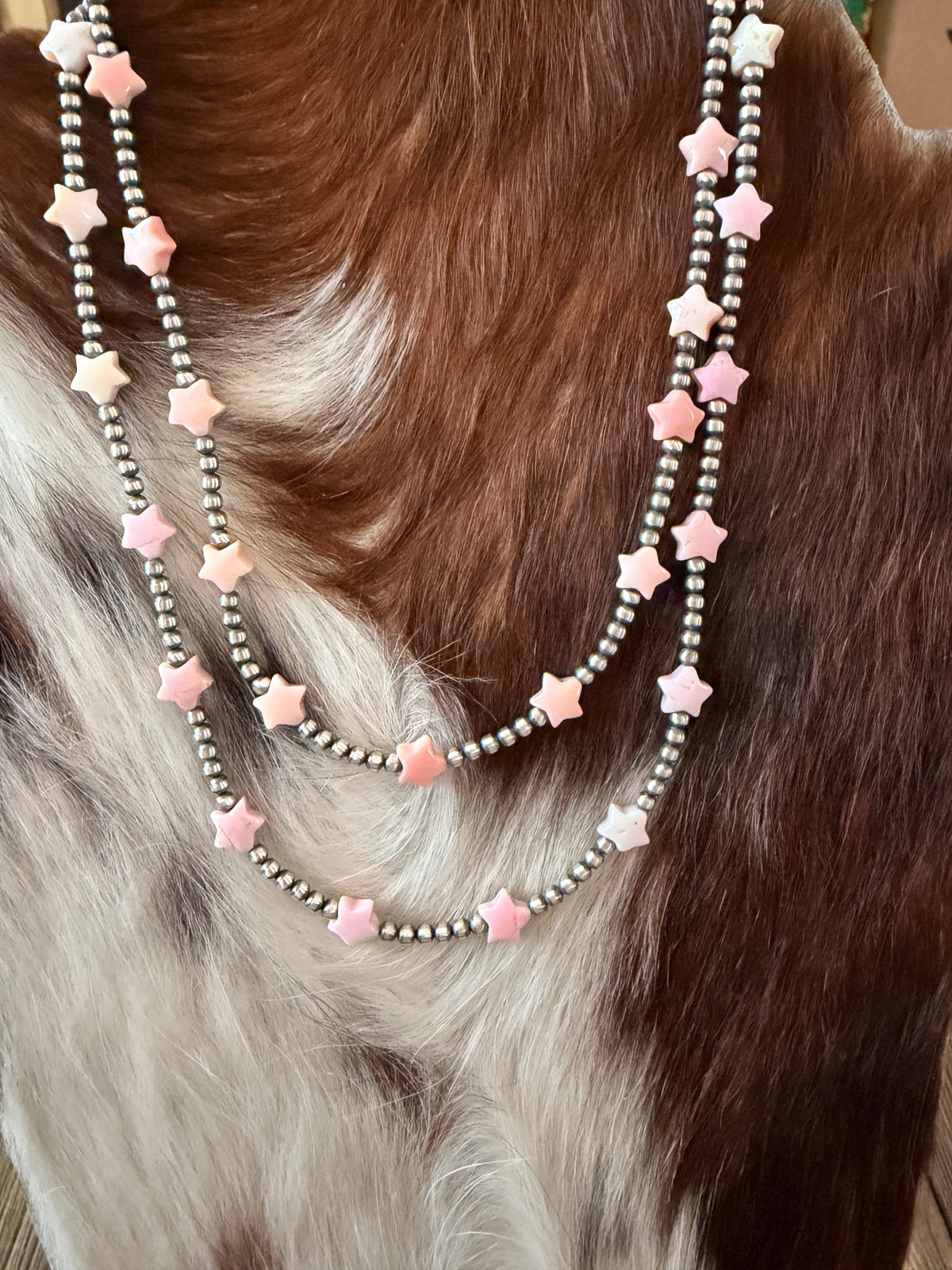 Handcrafted Queen Pink Conch and Sterling Silver Pearl Beaded Star Necklace Nizhoni Traders LLC