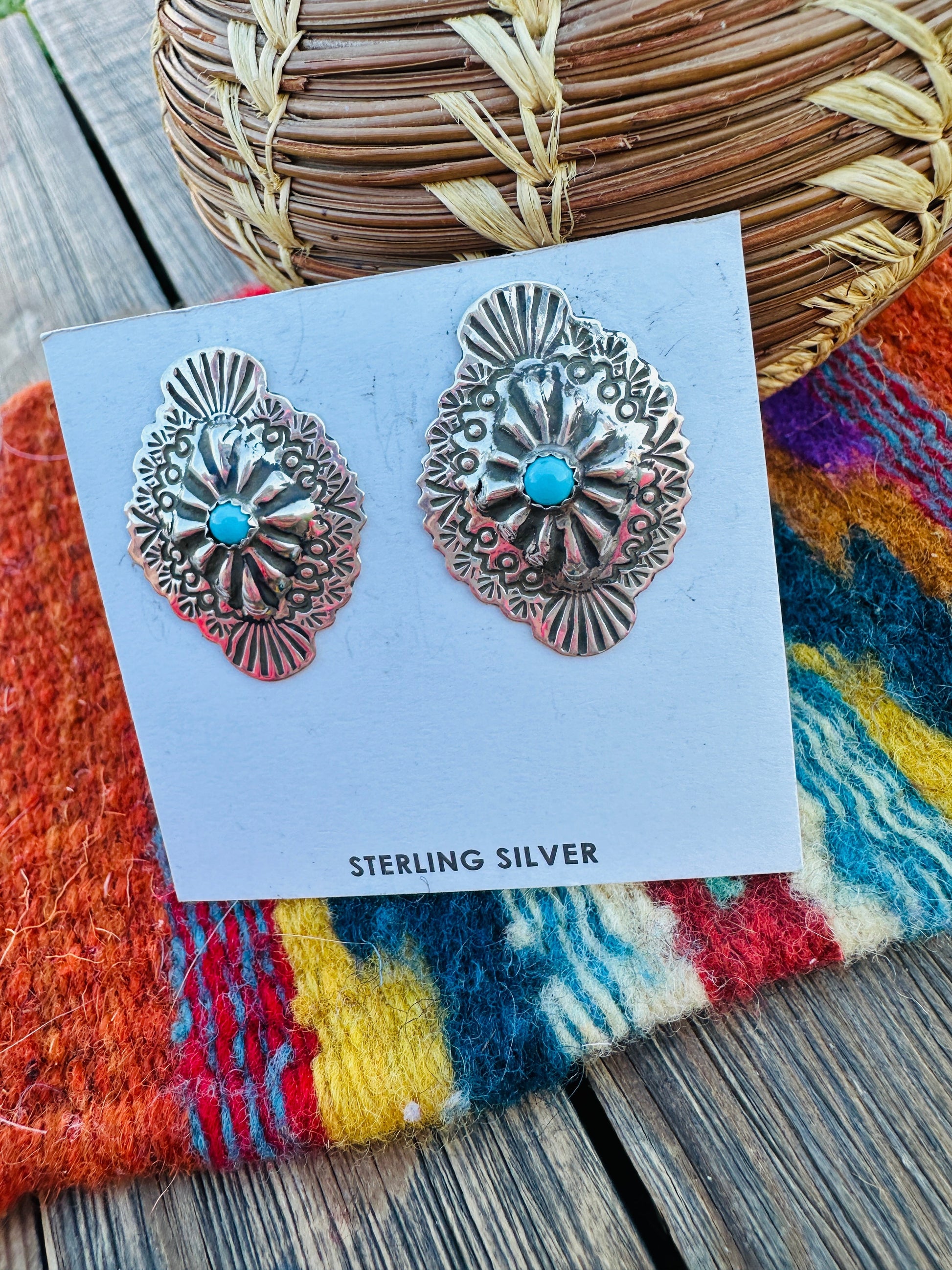 Handcrafted Turquoise & Sterling Silver Concho Post Earrings Nizhoni Traders LLC