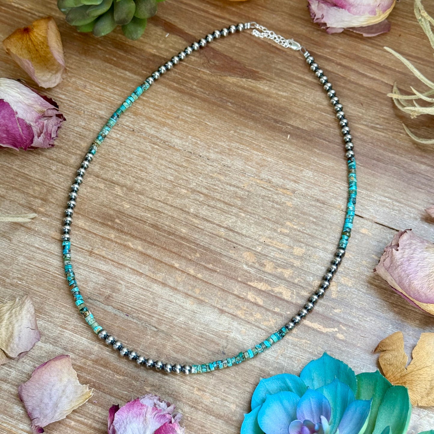 20” Heishi Turquoise Necklace – 4mm Turquoise & 5mm Sterling Silver Pearls The Bijoux FAB Jewelry