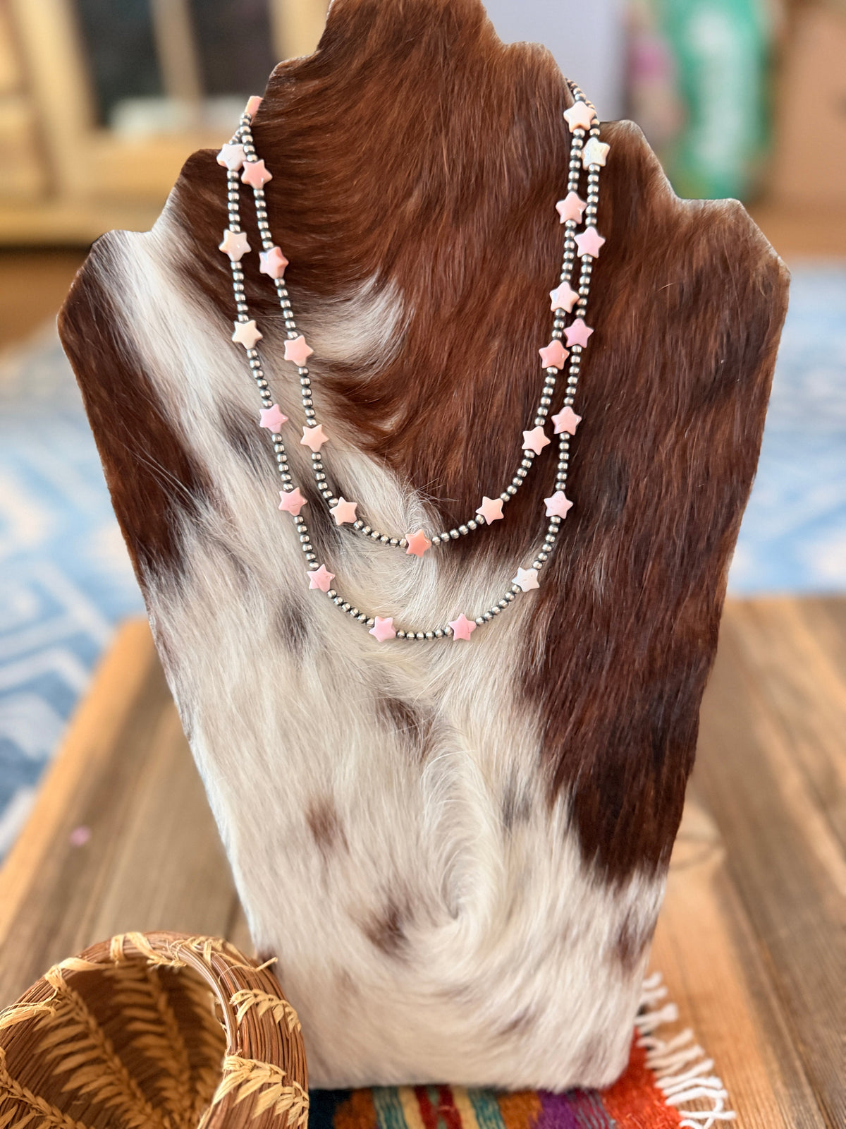 Handcrafted Queen Pink Conch and Sterling Silver Pearl Beaded Star Necklace Nizhoni Traders LLC