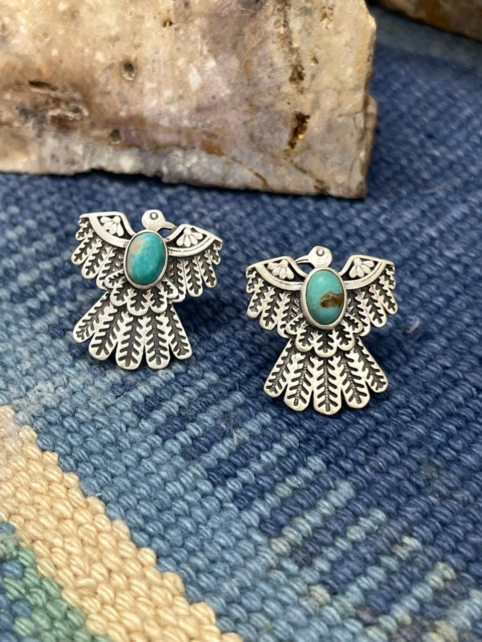 Handmade Sterling Silver Kingman Turquoise Thunder Bird Post Earrings "Signed Nizhoni" Nizhoni Traders LLC