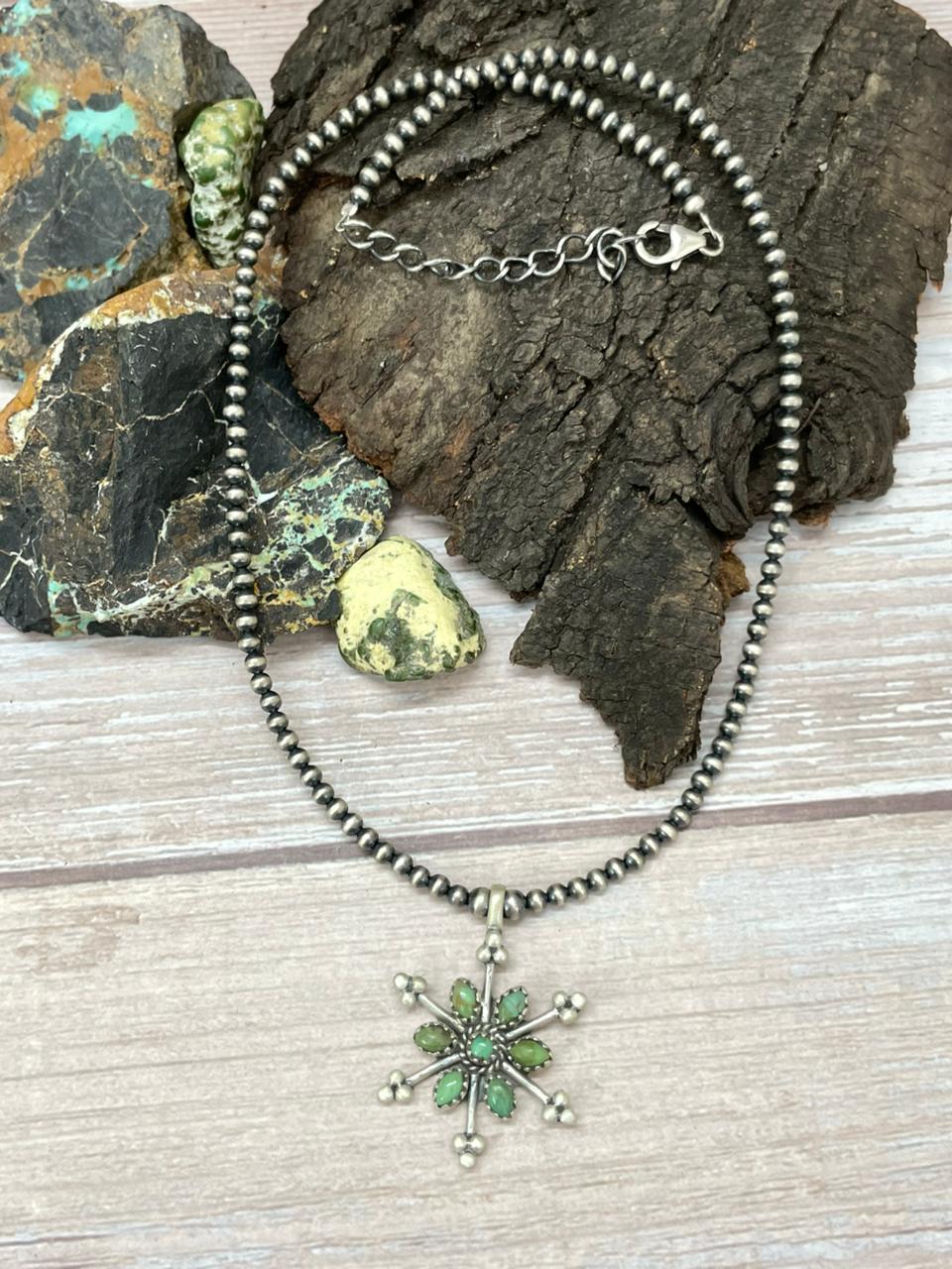 Handmade Sterling Silver Kingman Turquoise Beaded Necklace "Signed Nizhoni" (9) Nizhoni Traders LLC