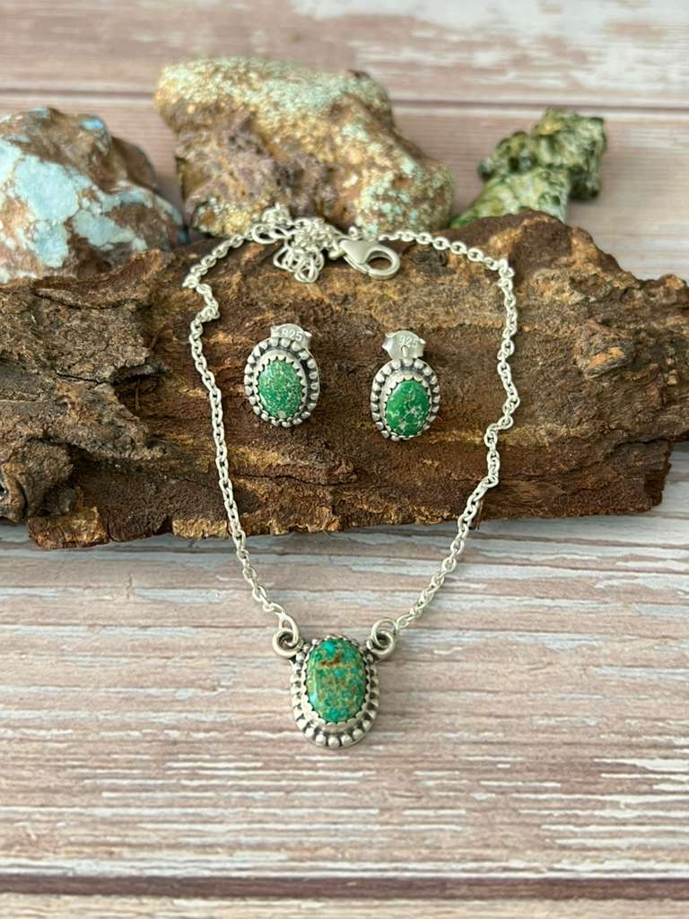 Handmade Sterling Silver Emerald Valley Turquoise Necklace Earrings Set with Signed Nizhoni (2) Nizhoni Traders LLC