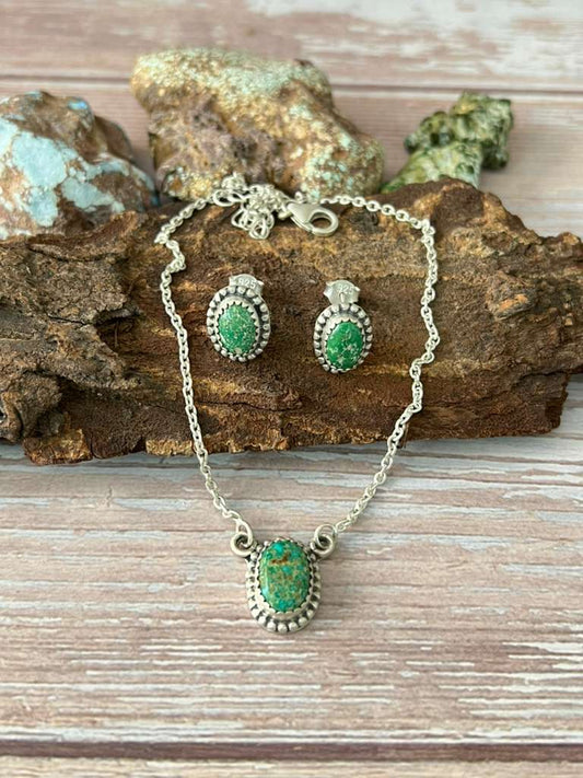 Handmade Sterling Silver Emerald Valley Turquoise Necklace Earrings Set with Signed Nizhoni (2) Nizhoni Traders LLC