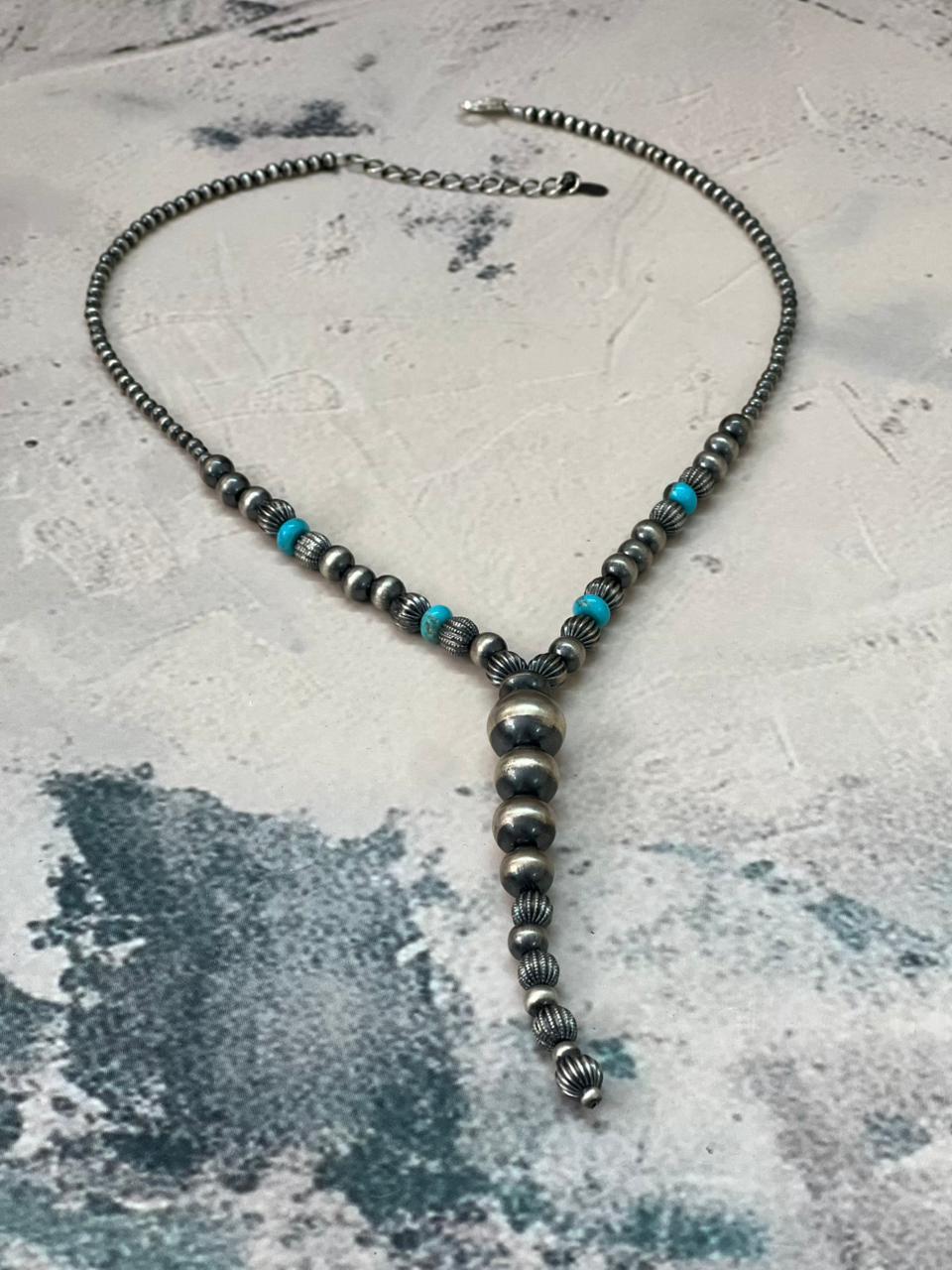 Handmade Sterling Silver Beaded Kingman Turquoise Necklace "Signed Nizhoni" Nizhoni Traders LLC