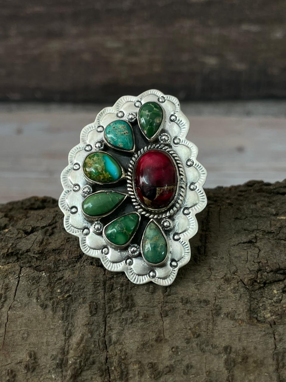 Handmade Sterling Silver Dahlia Rose With Emerald Valley Turquoise Ring "Signed Nizhoni" Nizhoni Traders LLC