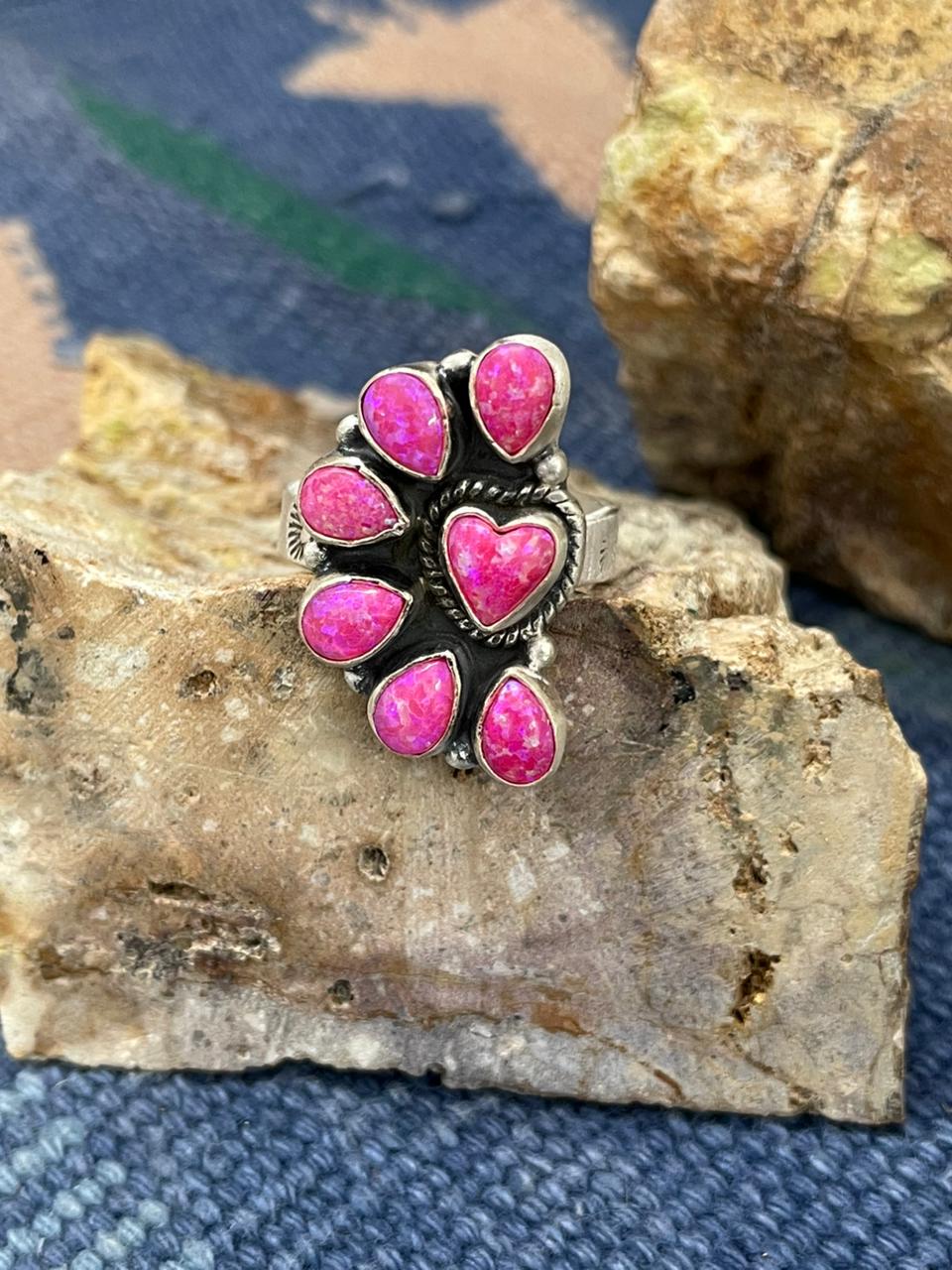 Handmade Sterling Silver Hot Pink Adjustable Ring " Signed Nizhoni" Nizhoni Traders LLC