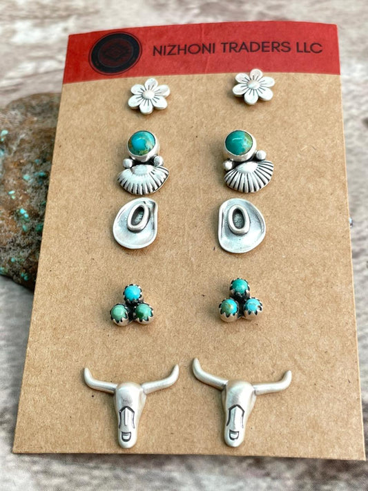Handmade Sterling Silver Kingman Turquoise Post Studs Set (Card) Earrings Nizhoni Traders LLC