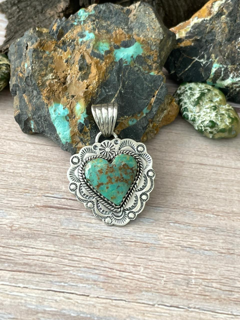 Handmade Sterling Silver Mantis Turquoise Heart Pendant " Signed Nizhoni" Nizhoni Traders LLC