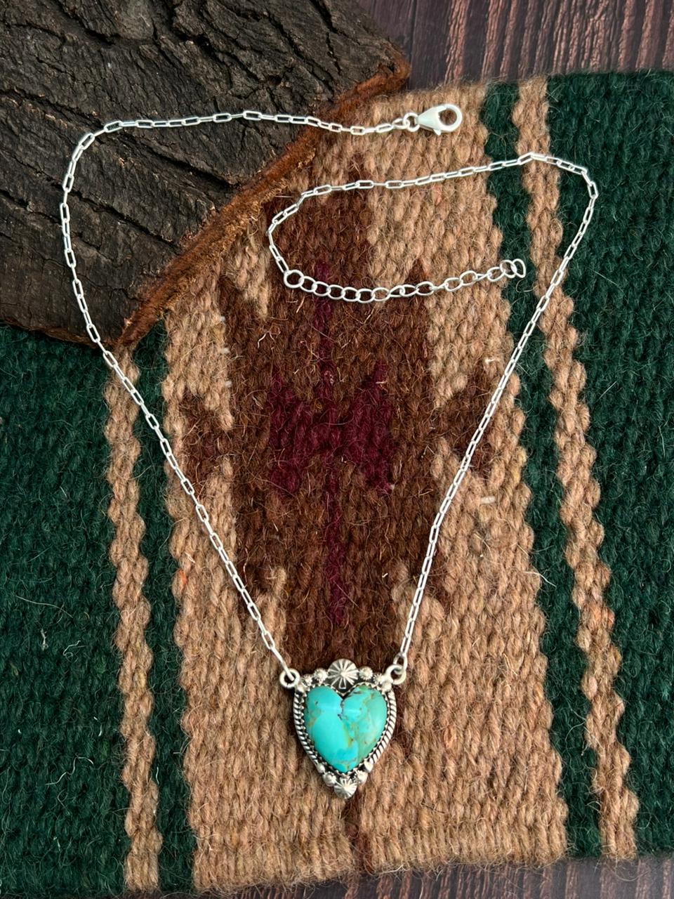 "Heart Collection" Handmade Sterling Silver Kingman Turquoise Necklace "Signed Nizhoni" Nizhoni Traders LLC