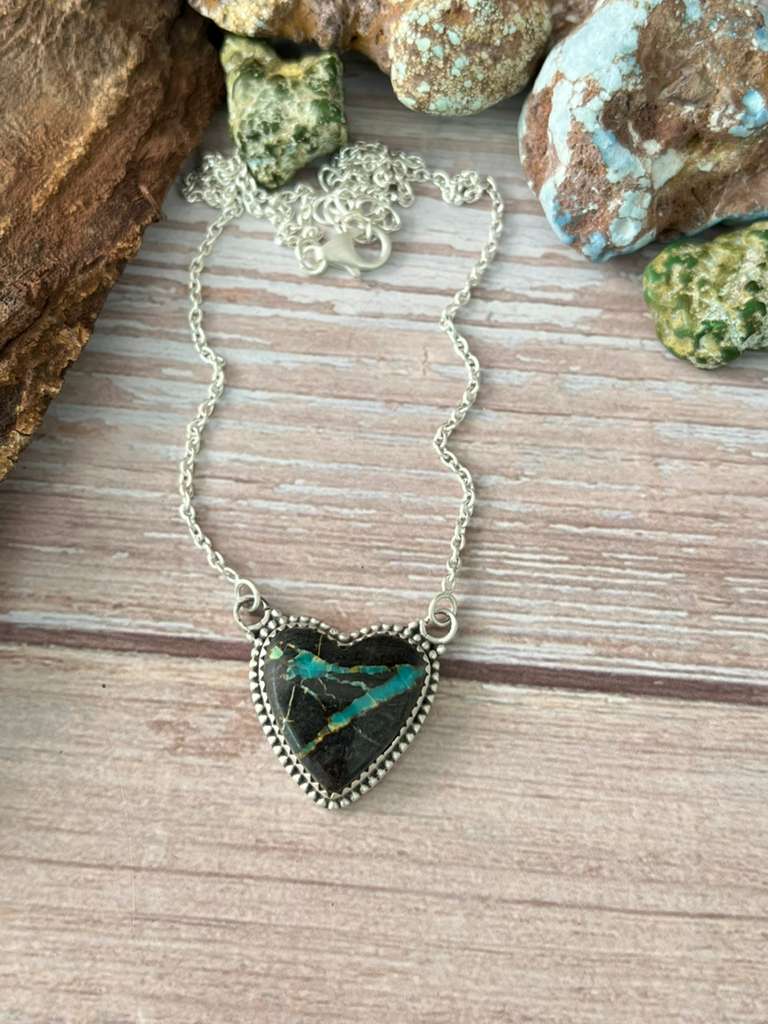 Handmade Sterling Silver Blackjack Turquoise Heart Necklace with Signed Nizhoni (4) Nizhoni Traders LLC