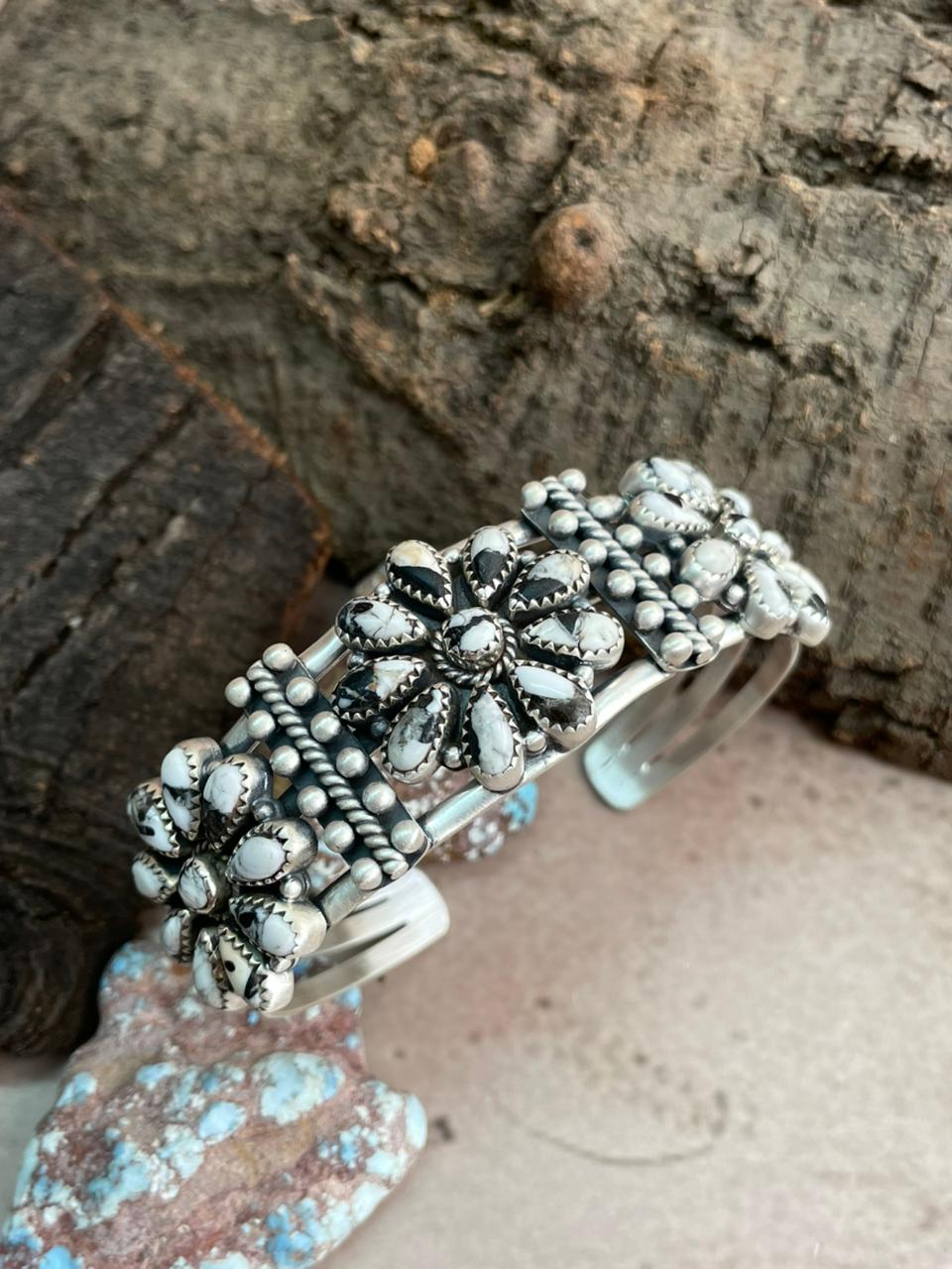Handmade Sterling Silver White Buffalo Cuff Bracelet with Signed Nizhoni Nizhoni Traders LLC
