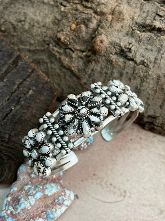 Handmade Sterling Silver White Buffalo Cuff Bracelet with Signed Nizhoni Nizhoni Traders LLC