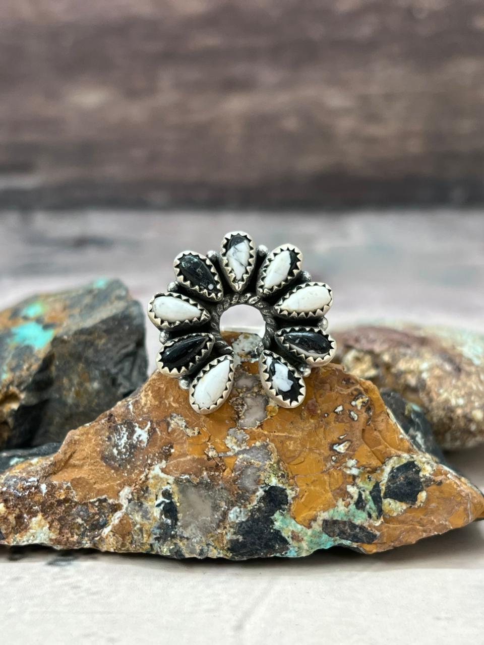 Handmade Sterling Silver White Buffalo Turquoise Naja Adjustable Ring "Signed Nizhoni" Nizhoni Traders LLC