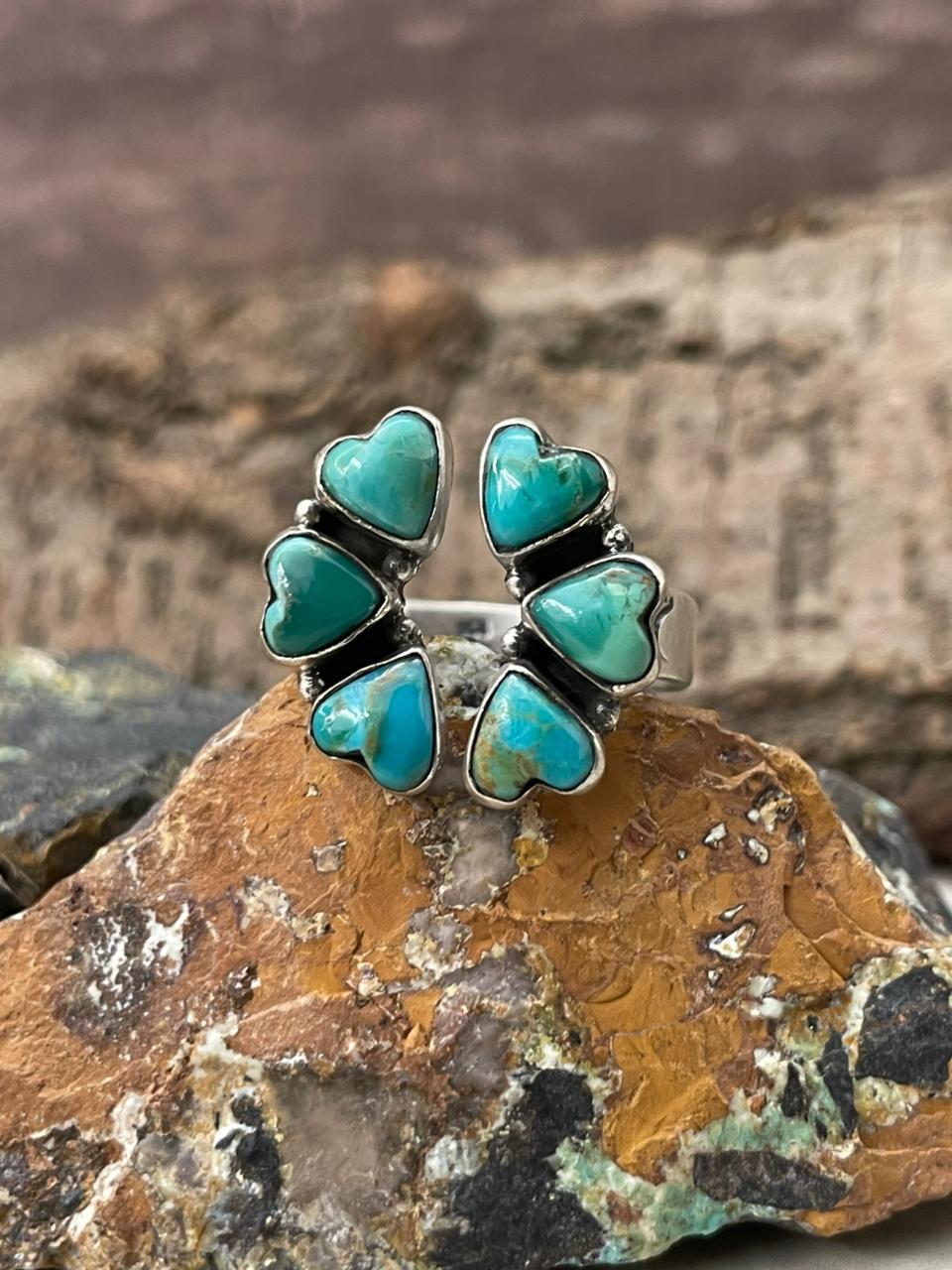 "Heart Collection" Handmade Sterling Silver Kingman Turquoise Adjustable Ring "Signed Nizhoni" Nizhoni Traders LLC