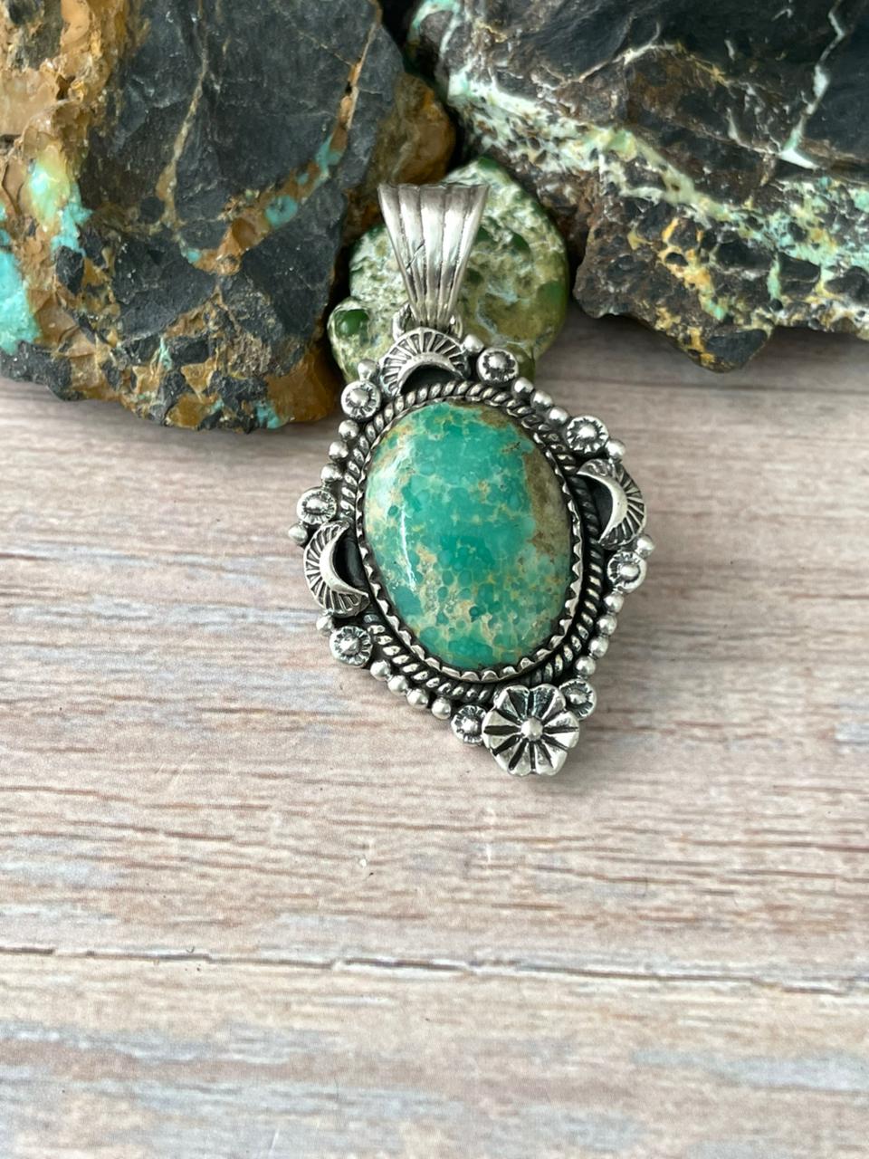 Handmade Sterling Silver Mantis Turquoise Pendant " Signed Nizhoni" Nizhoni Traders LLC