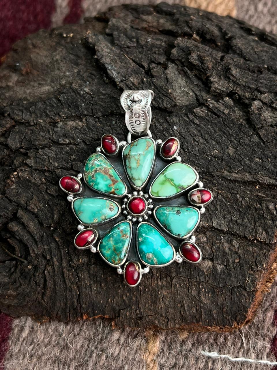 Handmade Sterling Silver Dahlia Rose with Emerald Valley Turquoise Pendant "Signed Nizhoni" Nizhoni Traders LLC