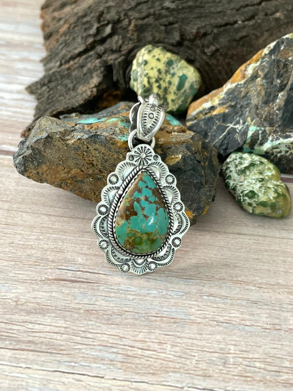 Handmade Sterling Silver Mantis Turquoise Pendant " Signed Nizhoni" Nizhoni Traders LLC