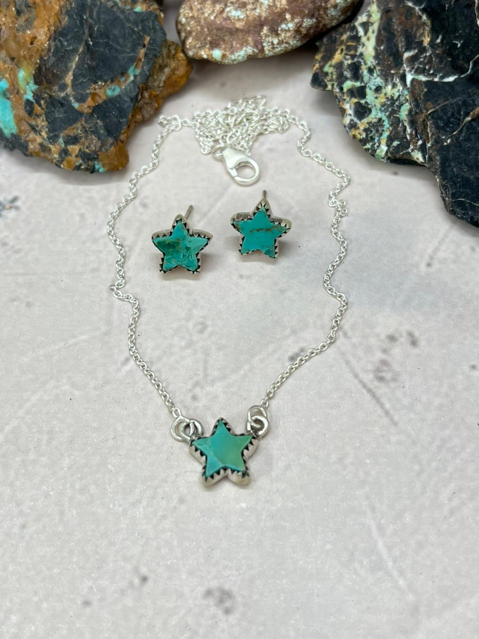 Handmade Sterling Silver Kingman Turquoise Necklace Earrings Set "Signed Nizhoni" Nizhoni Traders LLC