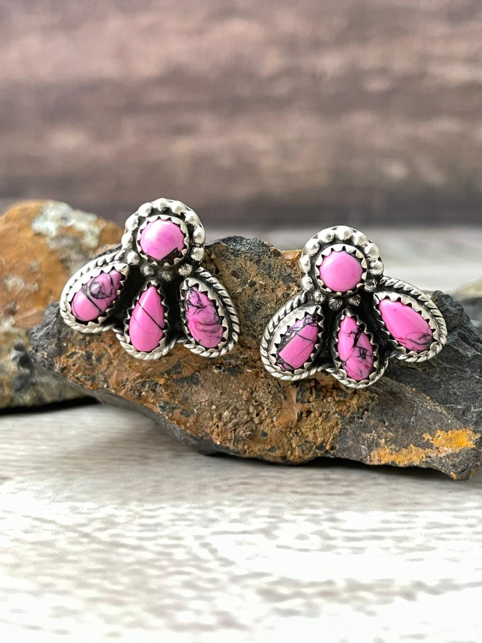 Handmade Sterling Silver Cherry Blossom Post Studs Earrings "Signed Nizhoni" Nizhoni Traders LLC