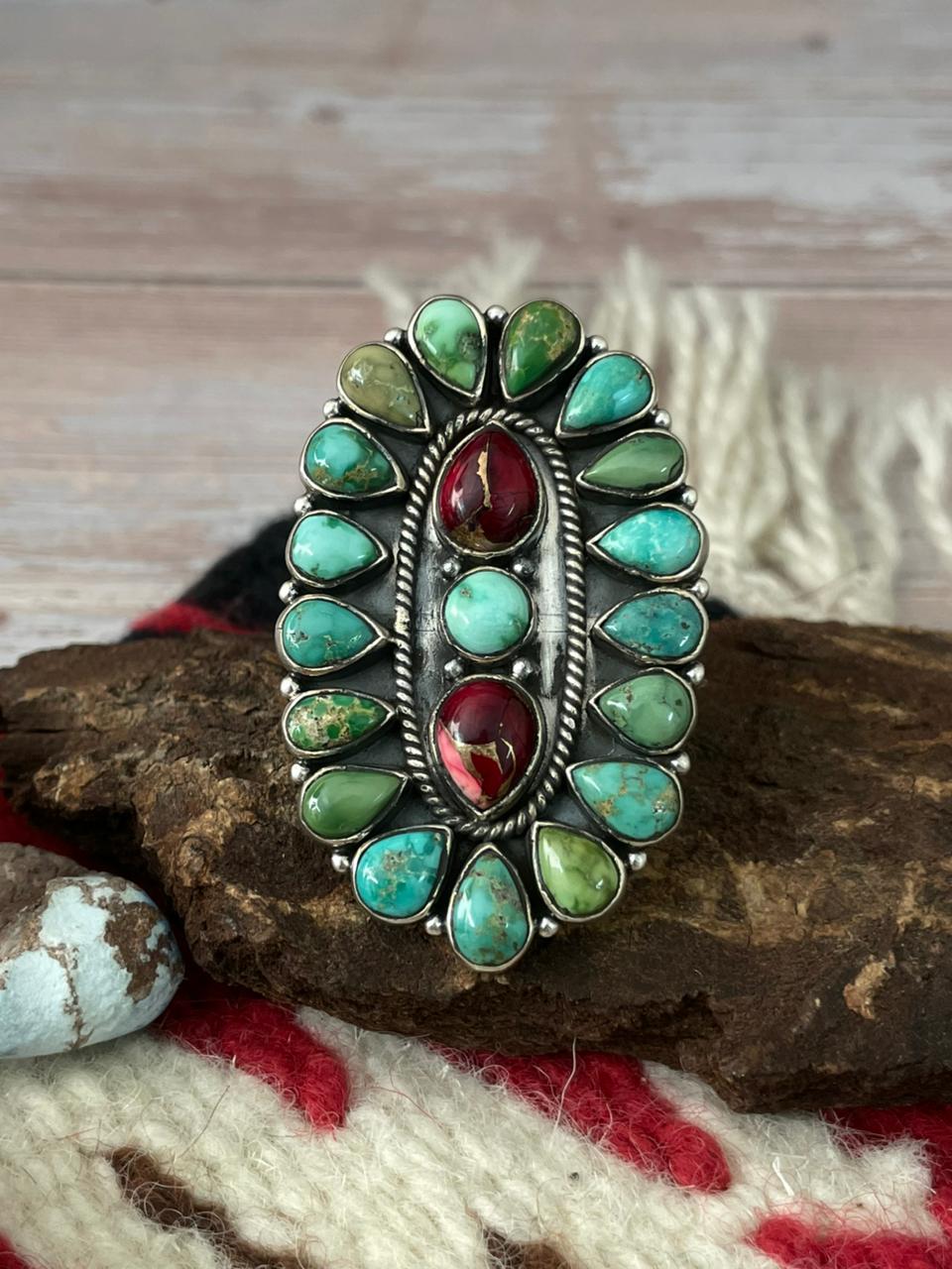 Handmade Sterling Silver Dahlia Rose With Emerald Valley Turquoise Ring "Signed Nizhoni" Nizhoni Traders LLC