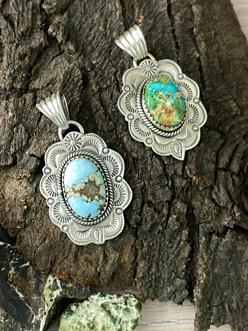 Handmade Sterling Silver Sonoran Mountain Turquoise, Golden Hills Turquoise Pendant " Signed Nizhoni" Nizhoni Traders LLC