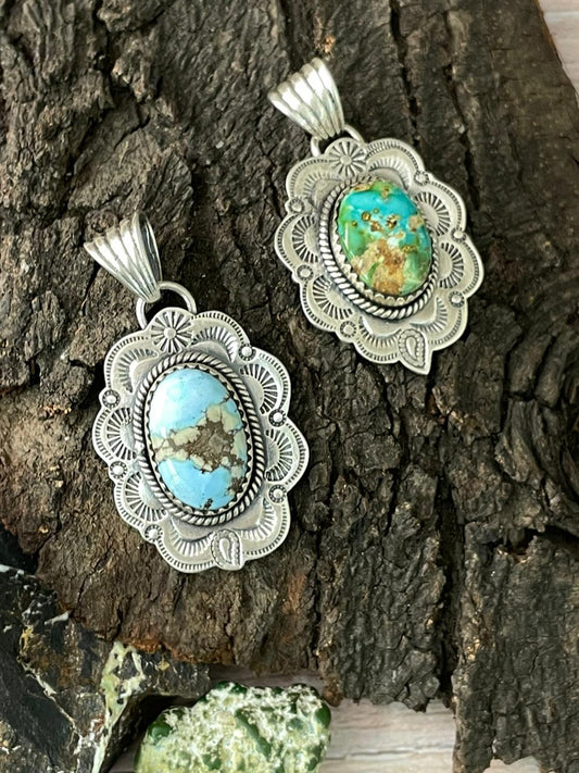 Handmade Sterling Silver Sonoran Mountain Turquoise, Golden Hills Turquoise Pendant " Signed Nizhoni" Nizhoni Traders LLC