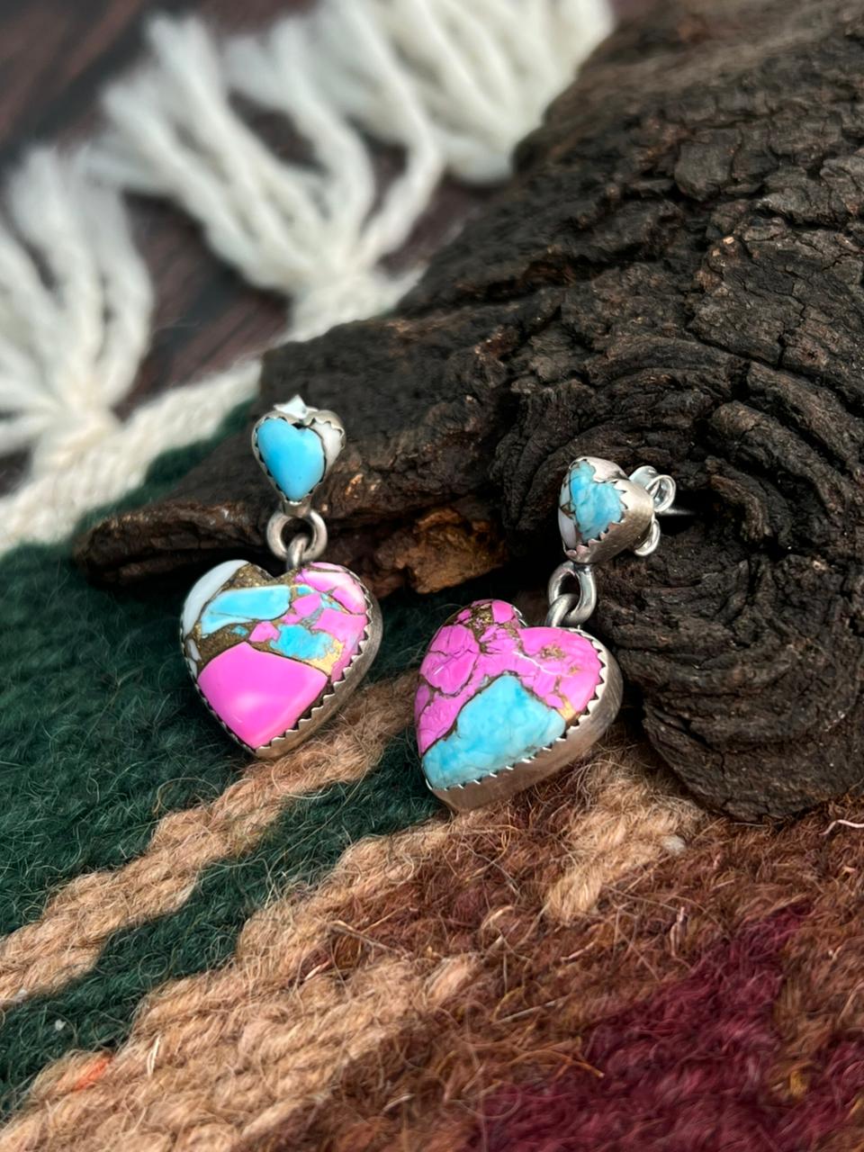"Heart Collection" Handmade Sterling Silver Cotton Candy Post Dangle Earrings "Signed Nizhoni" Nizhoni Traders LLC