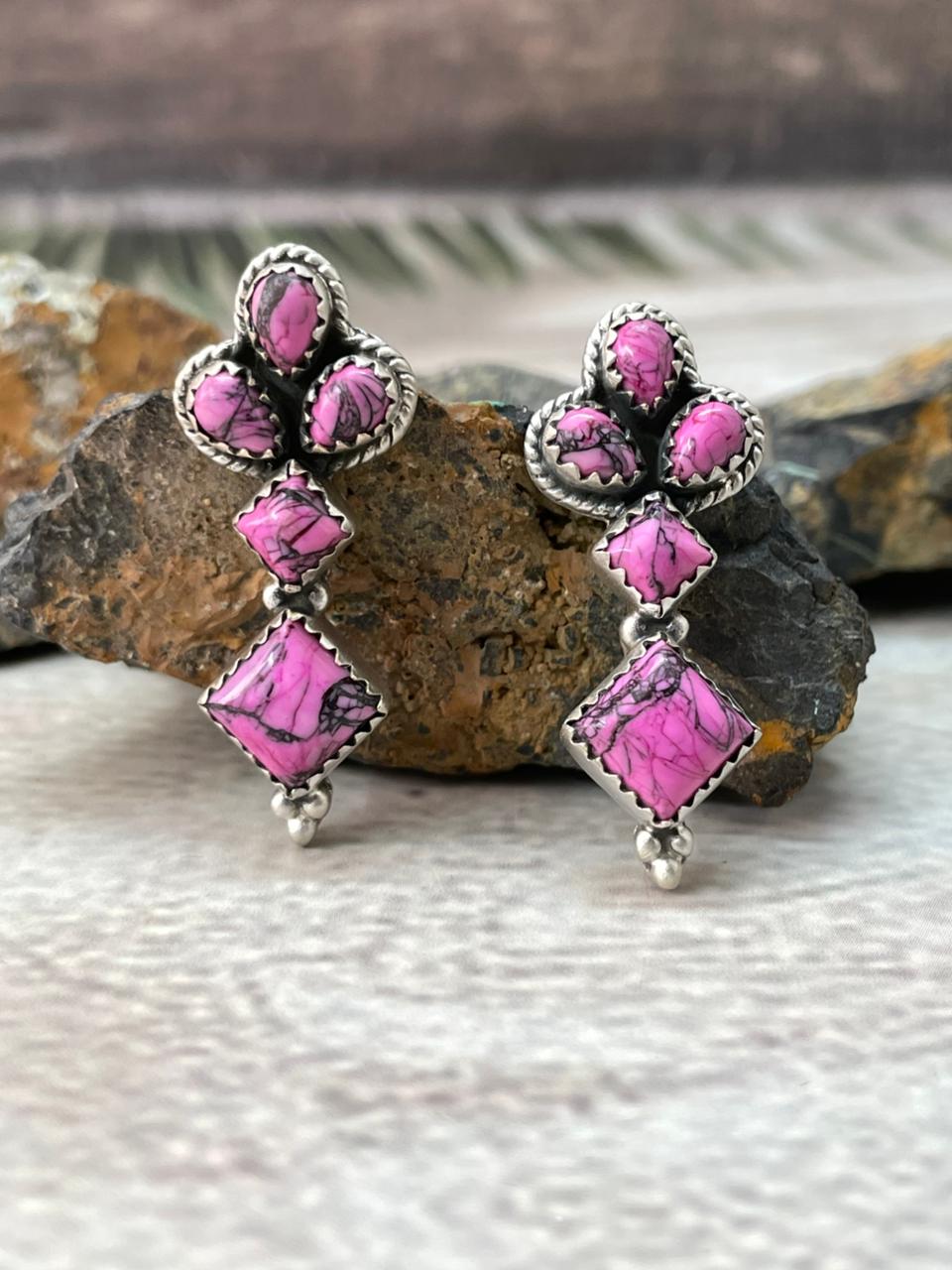 Handmade Sterling Silver Cherry Blossom Post Earrings "Signed Nizhoni" Nizhoni Traders LLC