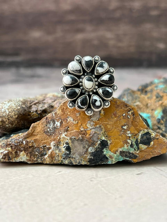 Handmade Sterling Silver White Buffalo Turquoise Adjustable Ring "Signed Nizhoni" Nizhoni Traders LLC