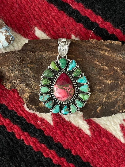Handmade Sterling Silver Dahlia Rose with Emerald Valley Turquoise Pendant "Signed Nizhoni" Nizhoni Traders LLC