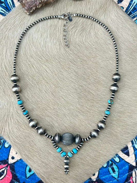 Handmade Sterling Silver Beaded Kingman Turquoise Necklace "Signed Nizhoni" Nizhoni Traders LLC