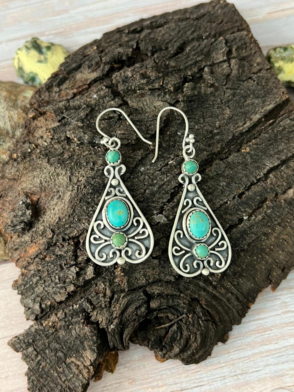 Handmade Sterling Silver Kingman Turquoise Hook Dangle Earrings with Signed Nizhoni Nizhoni Traders LLC