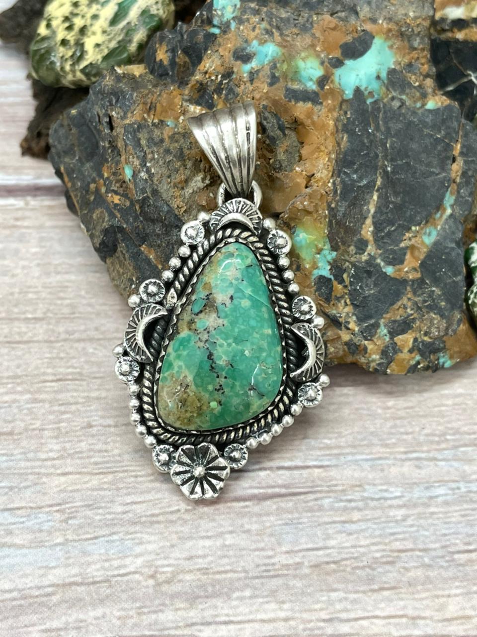 Handmade Sterling Silver Mantis Turquoise Pendant " Signed Nizhoni" Nizhoni Traders LLC